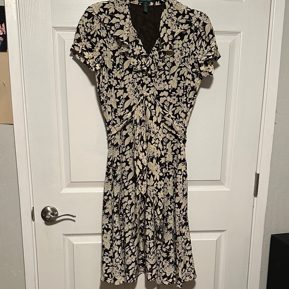 Rare Lauren RALPH LAUREN Size 19 100% SILK Midi Dress Brown Floral Ruffle